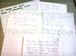 Hand-written messages from the group