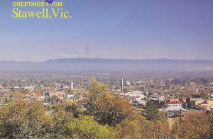 A photograph of a postcard showing a scenic panorama of Stawell